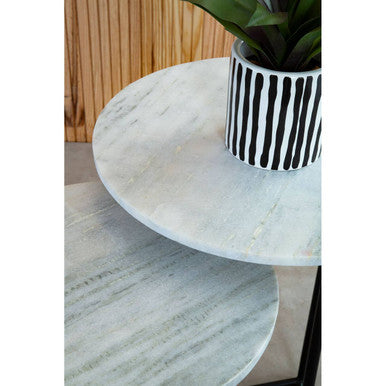 Nest of 3 White Marble Top Side Tables with Black Metal Triangular Bases | Mandoli