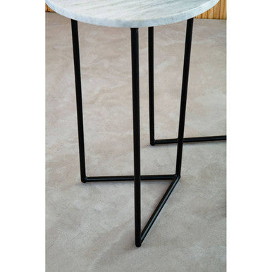 Nest of 3 White Marble Top Side Tables with Black Metal Triangular Bases | Mandoli