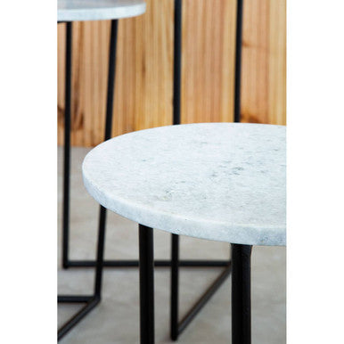Nest of 3 White Marble Top Side Tables with Black Metal Triangular Bases | Mandoli