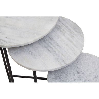 Nest of 3 White Marble Top Side Tables with Black Metal Triangular Bases | Mandoli