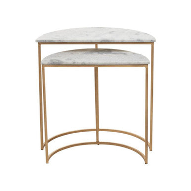 Nest of 2 White Marble Top Semicircular Side Tables with Gold Metal Open Frames | Mandoli