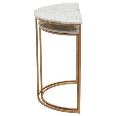 Nest of 2 White Marble Top Semicircular Side Tables with Gold Metal Open Frames | Mandoli