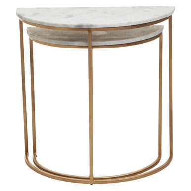 Nest of 2 White Marble Top Semicircular Side Tables with Gold Metal Open Frames | Mandoli