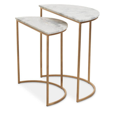 Nest of 2 White Marble Top Semicircular Side Tables with Gold Metal Open Frames | Mandoli