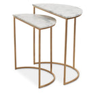 Nest of 2 White Marble Top Semicircular Side Tables with Gold Metal Open Frames | Mandoli
