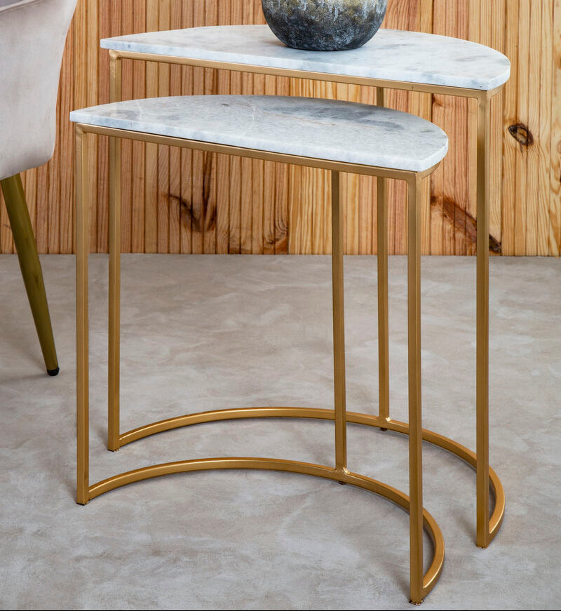 Nest of 2 White Marble Top Semicircular Side Tables with Gold Metal Open Frames | Mandoli
