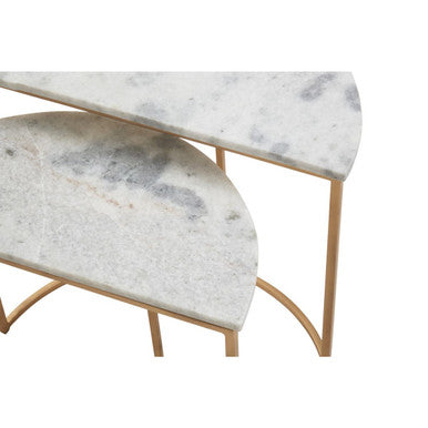 Nest of 2 White Marble Top Semicircular Side Tables with Gold Metal Open Frames | Mandoli
