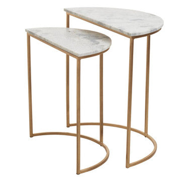 Nest of 2 White Marble Top Semicircular Side Tables with Gold Metal Open Frames | Mandoli