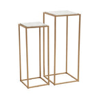 Nest of 2 White Marble Square Top Side Tables with Gold Metal Frame | Mandoli