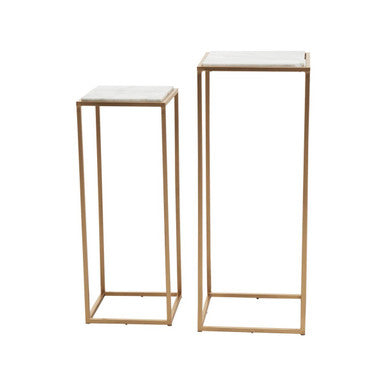 Nest of 2 White Marble Square Top Side Tables with Gold Metal Frame | Mandoli