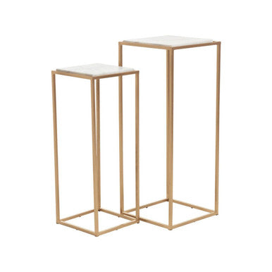 Nest of 2 White Marble Square Top Side Tables with Gold Metal Frame | Mandoli