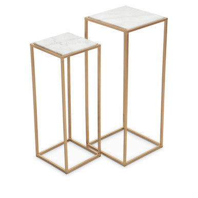 Nest of 2 White Marble Square Top Side Tables with Gold Metal Frame | Mandoli