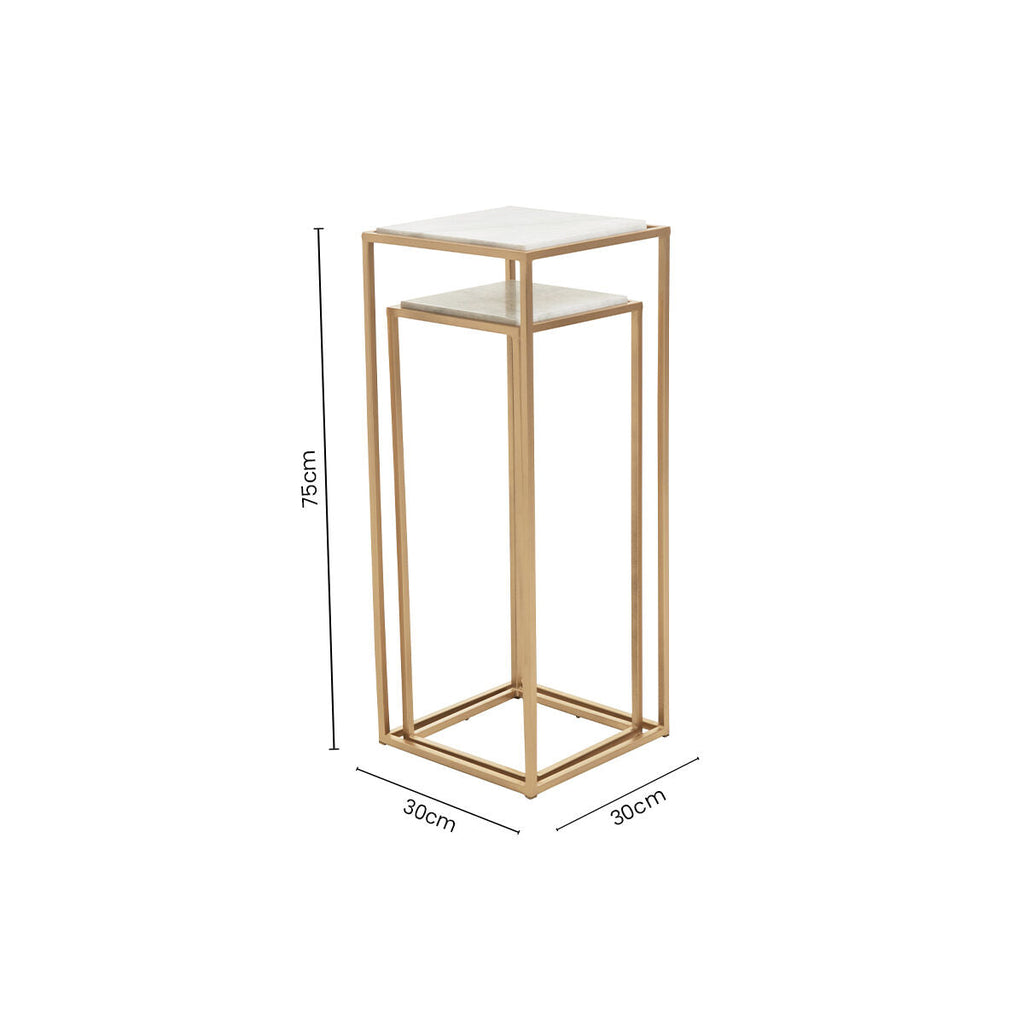 Nest of 2 White Marble Square Top Side Tables with Gold Metal Frame | Mandoli