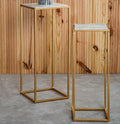 Nest of 2 White Marble Square Top Side Tables with Gold Metal Frame | Mandoli