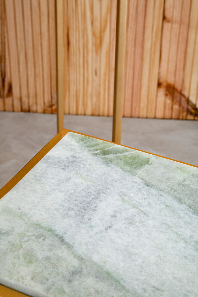 Nest of 2 White Marble Square Top Side Tables with Gold Metal Frame | Mandoli
