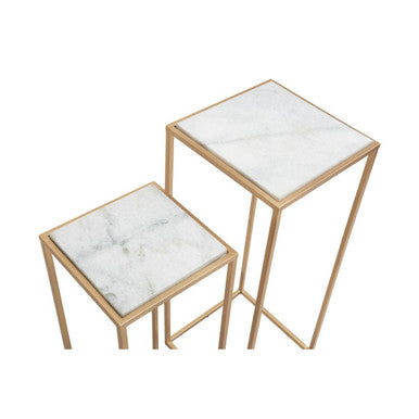 Nest of 2 White Marble Square Top Side Tables with Gold Metal Frame | Mandoli