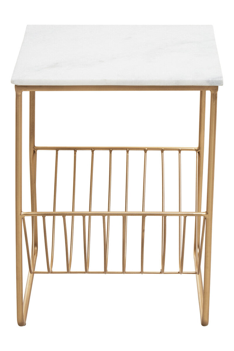 White Marble Top Side Table with Interconnected Gold Metal Frame and Open Rack Storage | Mandoli