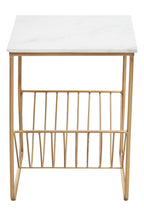 White Marble Top Side Table with Interconnected Gold Metal Frame and Open Rack Storage | Mandoli