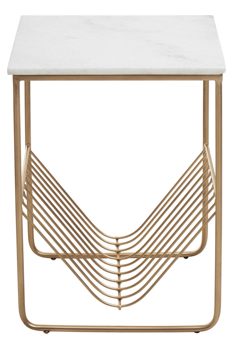 White Marble Top Side Table with Interconnected Gold Metal Frame and Open Rack Storage | Mandoli