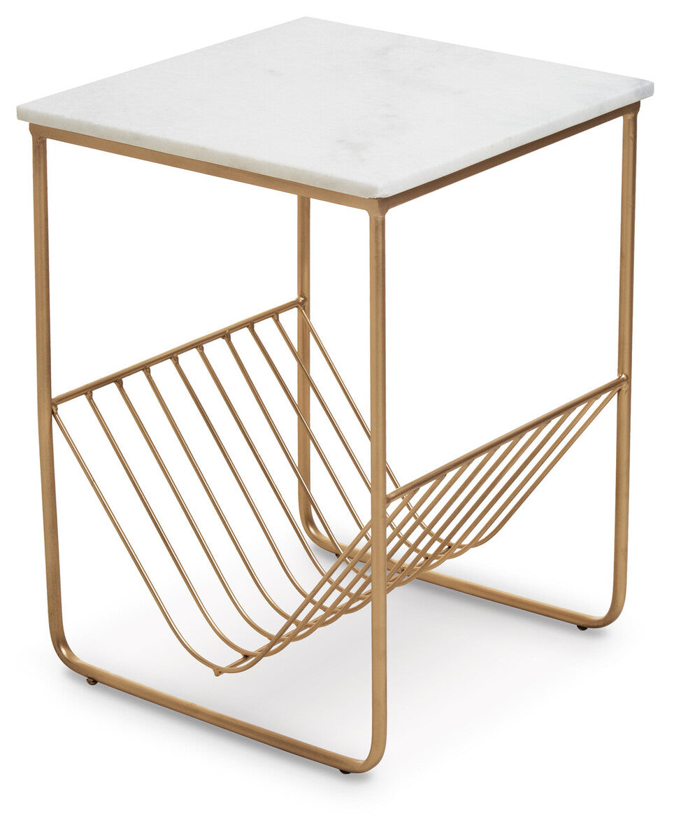 White Marble Top Side Table with Interconnected Gold Metal Frame and Open Rack Storage | Mandoli
