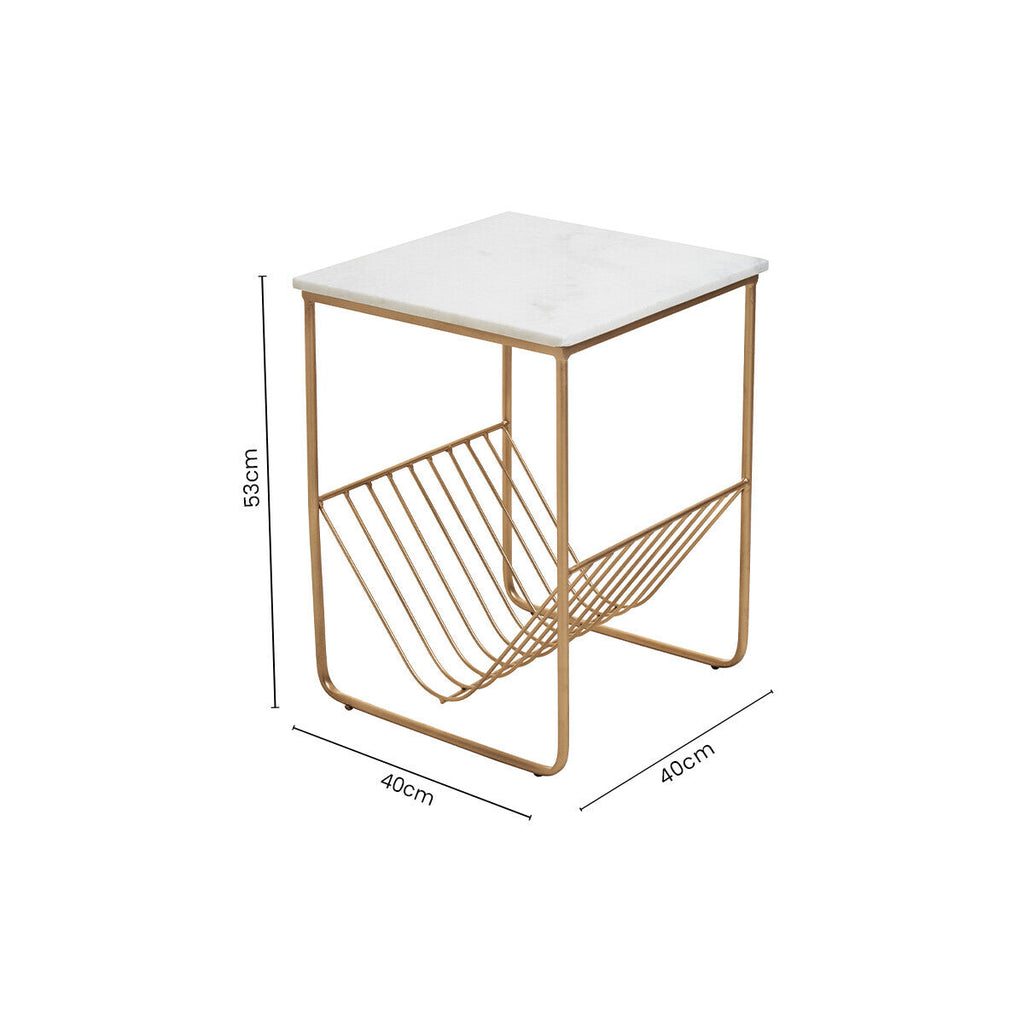 White Marble Top Side Table with Interconnected Gold Metal Frame and Open Rack Storage | Mandoli