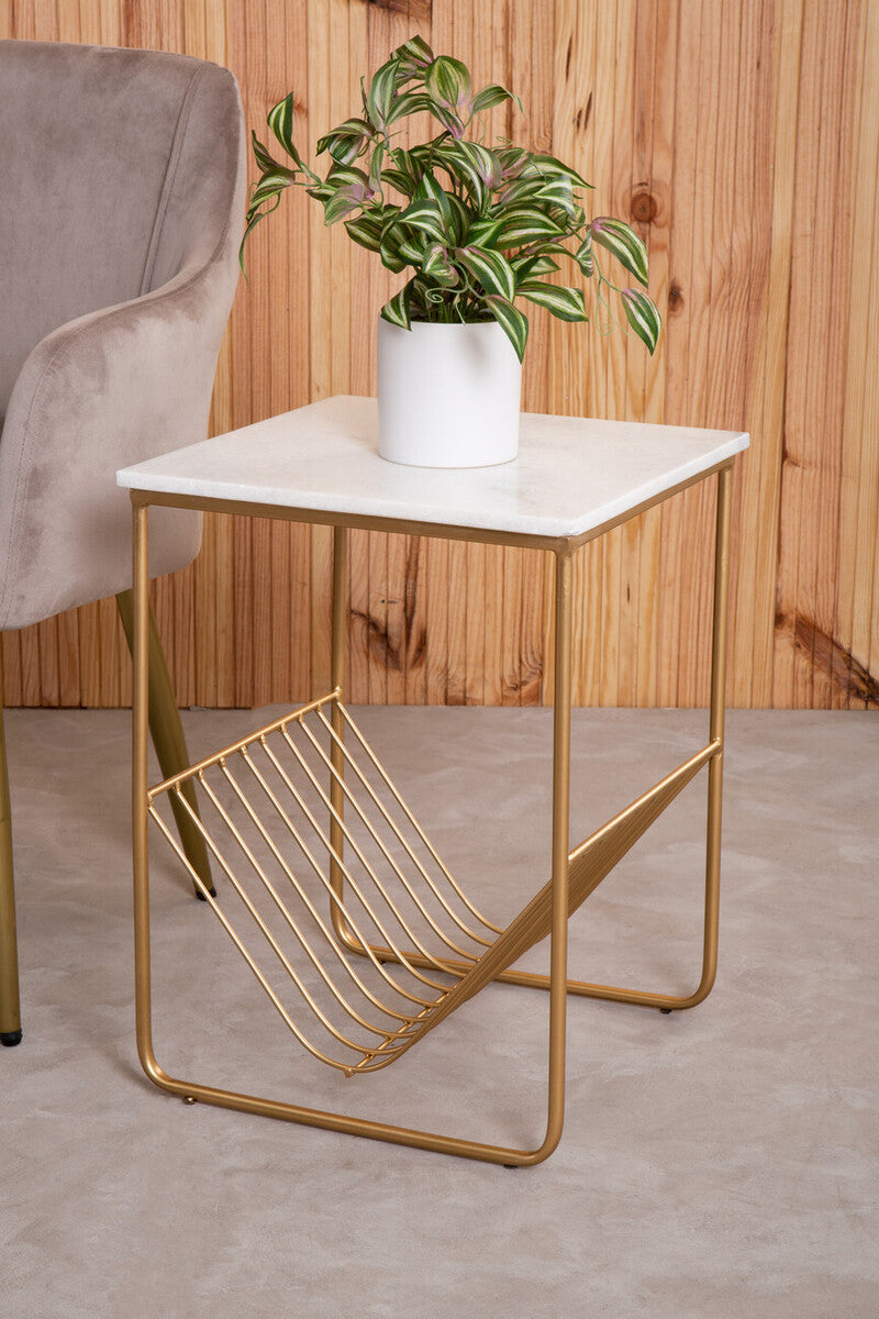 White Marble Top Side Table with Interconnected Gold Metal Frame and Open Rack Storage | Mandoli