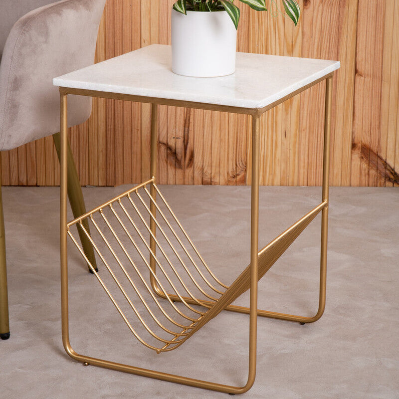 White Marble Top Side Table with Interconnected Gold Metal Frame and Open Rack Storage | Mandoli