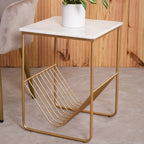 White Marble Top Side Table with Interconnected Gold Metal Frame and Open Rack Storage | Mandoli