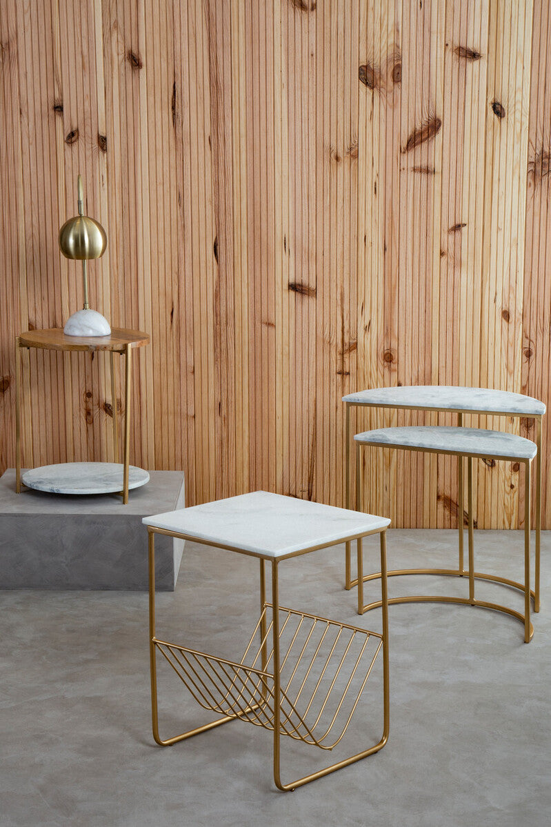 White Marble Top Side Table with Interconnected Gold Metal Frame and Open Rack Storage | Mandoli