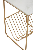 White Marble Top Side Table with Interconnected Gold Metal Frame and Open Rack Storage | Mandoli