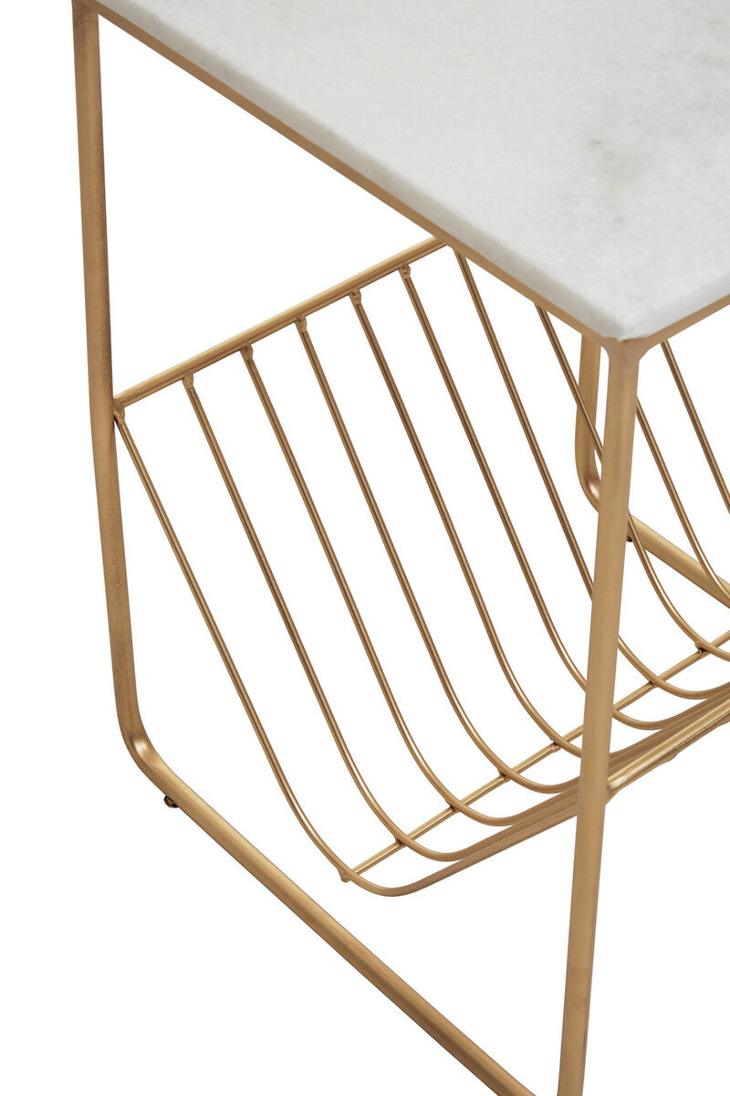 White Marble Top Side Table with Interconnected Gold Metal Frame and Open Rack Storage | Mandoli