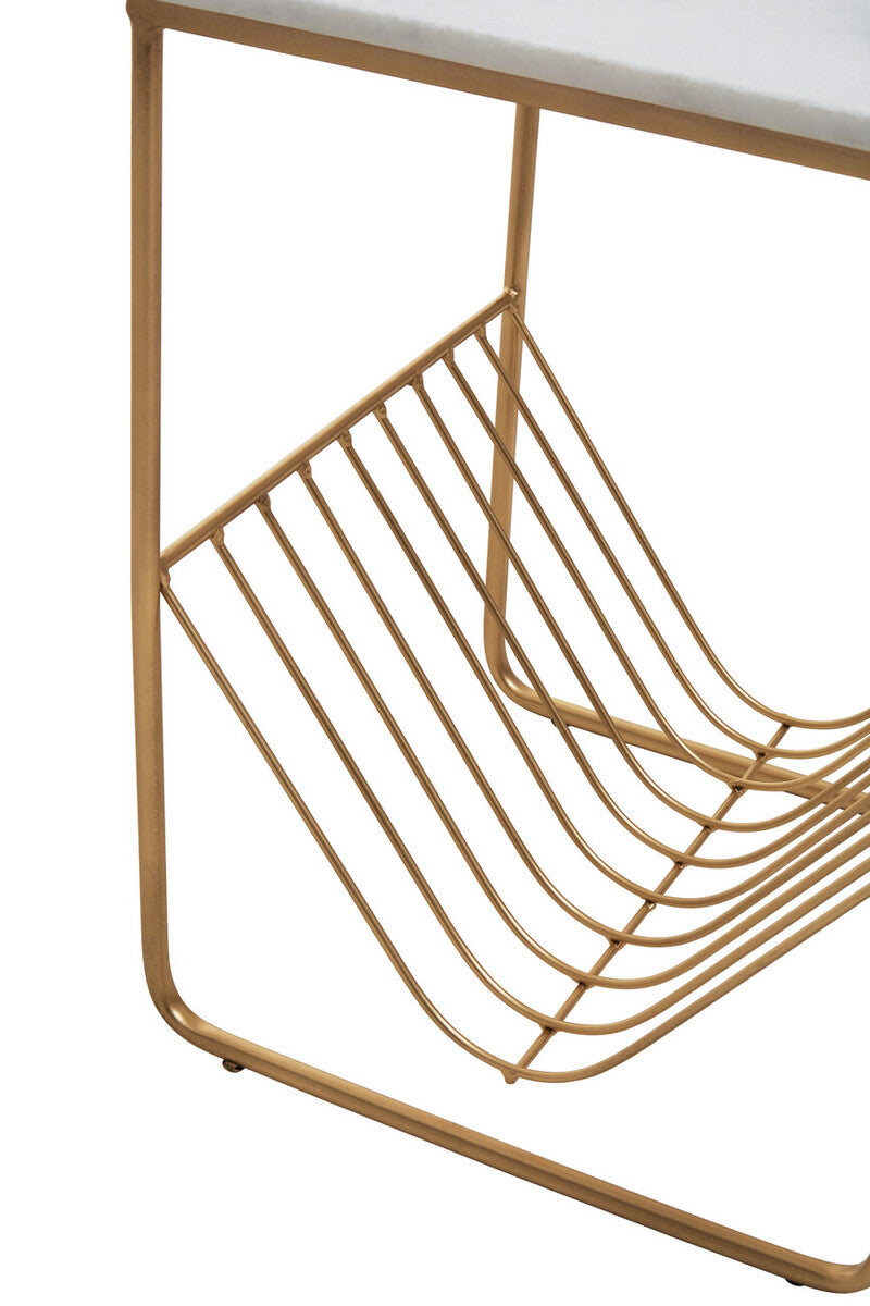 White Marble Top Side Table with Interconnected Gold Metal Frame and Open Rack Storage | Mandoli