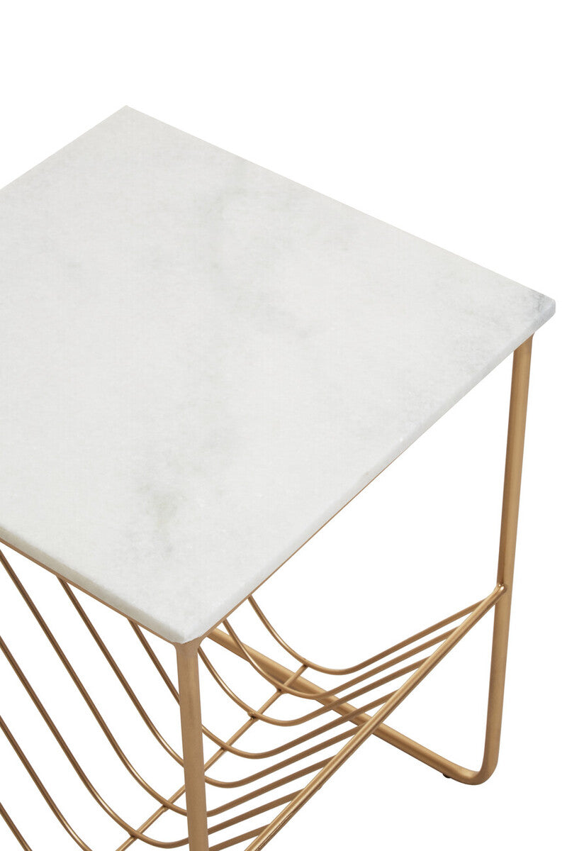 White Marble Top Side Table with Interconnected Gold Metal Frame and Open Rack Storage | Mandoli