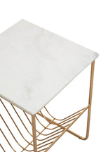 White Marble Top Side Table with Interconnected Gold Metal Frame and Open Rack Storage | Mandoli