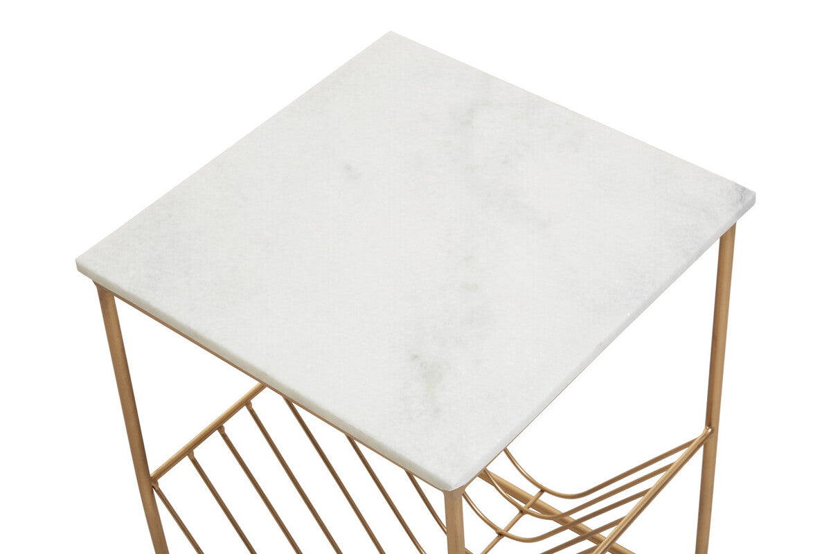 White Marble Top Side Table with Interconnected Gold Metal Frame and Open Rack Storage | Mandoli