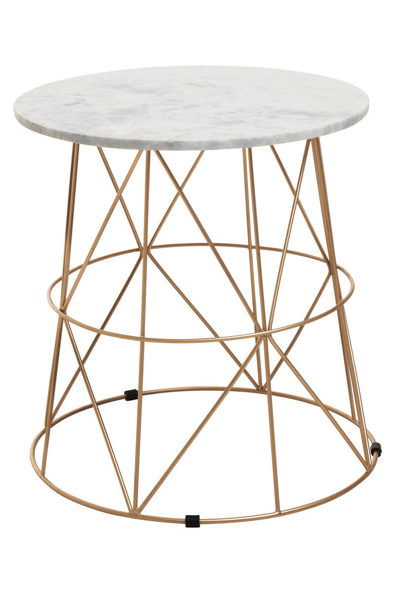 White Marble Top Round Side Table with Gold Cage Metal Frame | Mandoli