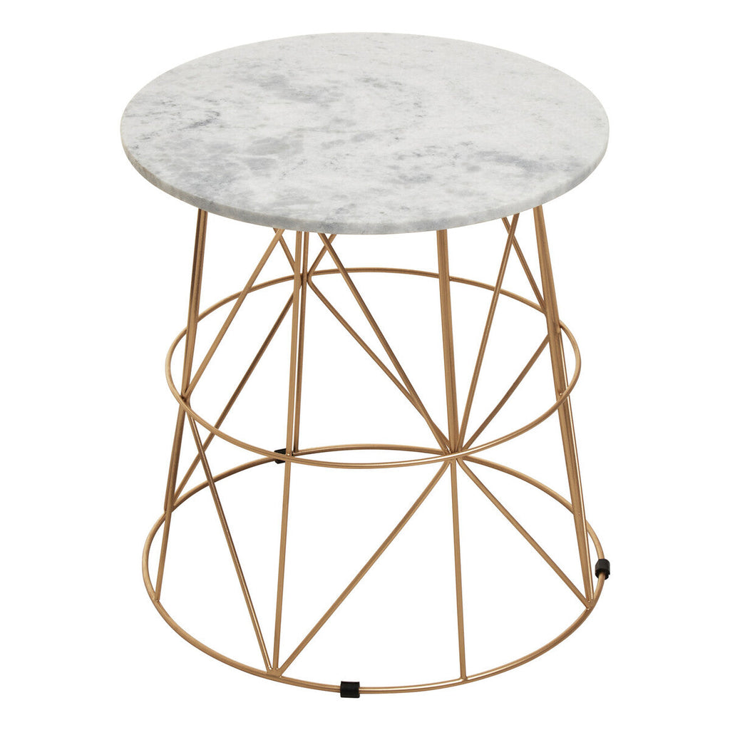 White Marble Top Round Side Table with Gold Cage Metal Frame | Mandoli