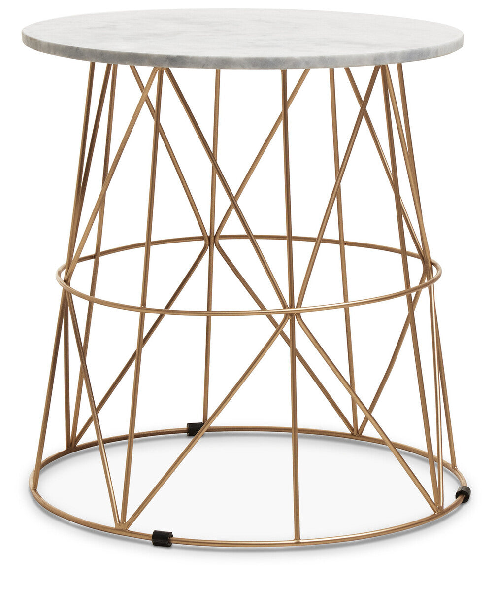White Marble Top Round Side Table with Gold Cage Metal Frame | Mandoli