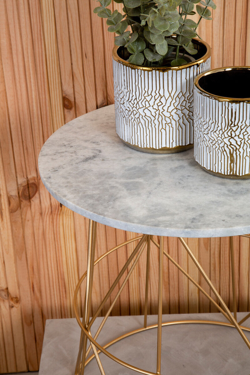 White Marble Top Round Side Table with Gold Cage Metal Frame | Mandoli