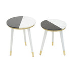 Set of 2 Black & White Marble Side Tables with White Legs and Gold Base Detailing | Nirav