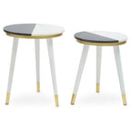 Set of 2 Black & White Marble Side Tables with White Legs and Gold Base Detailing | Nirav
