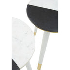 Set of 2 Black & White Marble Side Tables with White Legs and Gold Base Detailing | Nirav