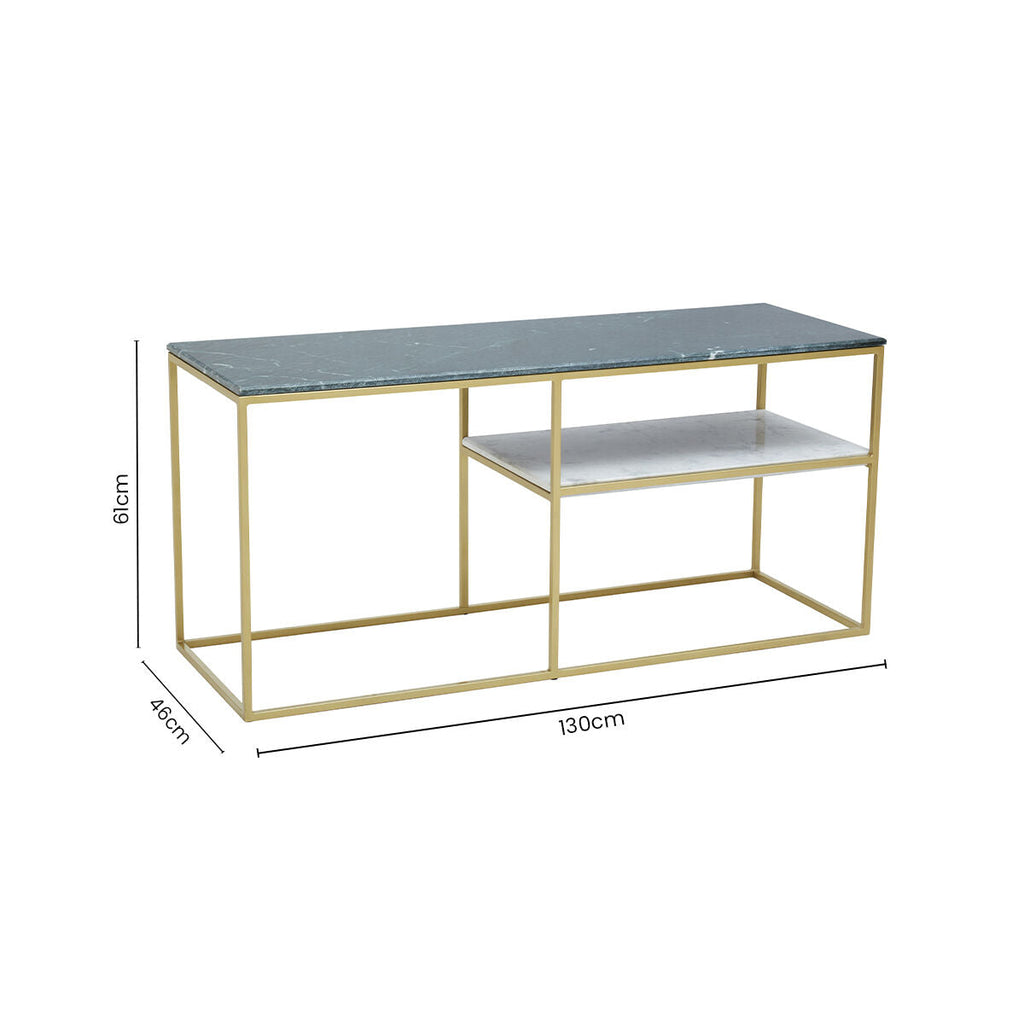 Assorted Marble Top Console Table with Geometric Gold Iron Frame and Lower Shelf | Nirav