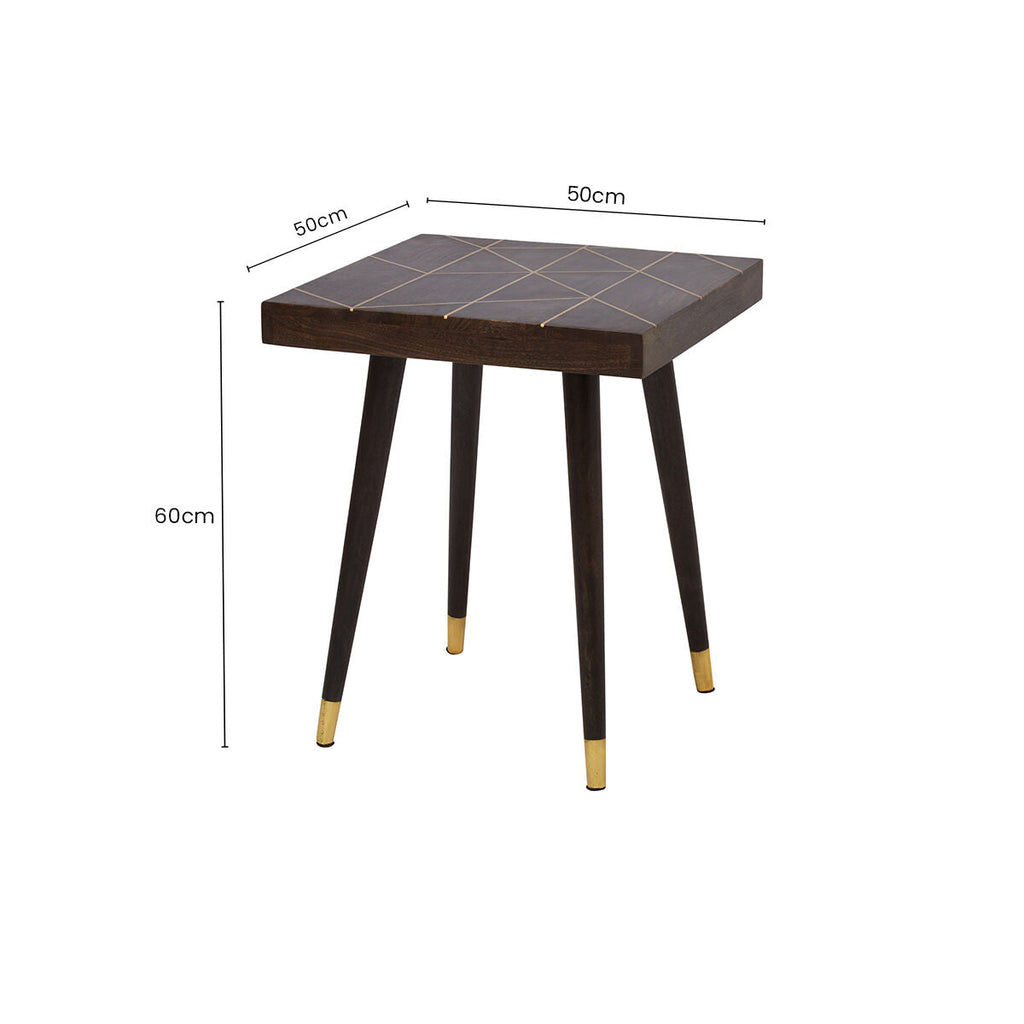 Dark Brown Mango Wood Square Side Table with Gold Tip Legs | Naro
