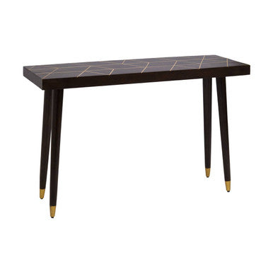 Brown Mango Wood Rectangular Console Table with Gold Tip Legs and Geometric Gold Lines on Top | Naro