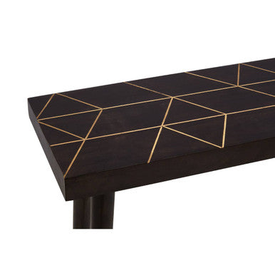 Brown Mango Wood Rectangular Console Table with Gold Tip Legs and Geometric Gold Lines on Top | Naro