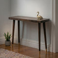 Brown Mango Wood Rectangular Console Table with Gold Tip Legs and Geometric Gold Lines on Top | Naro