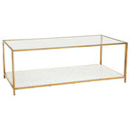 Glass Top Coffee Table with White Terrazzo Effect Shelf and Gold Metal Frame | Novi