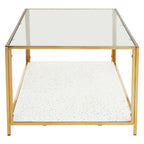 Glass Top Coffee Table with White Terrazzo Effect Shelf and Gold Metal Frame | Novi