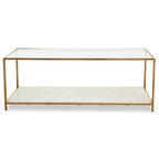 Glass Top Coffee Table with White Terrazzo Effect Shelf and Gold Metal Frame | Novi